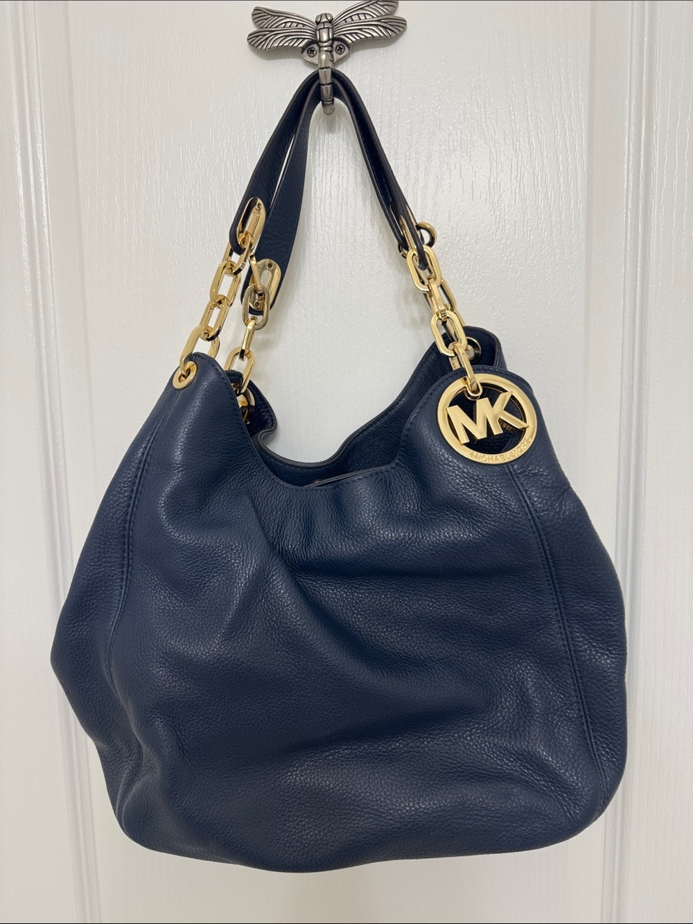 Michael Kors Navy Pebbled Leather Shoulder Hobo with Gold Hardware